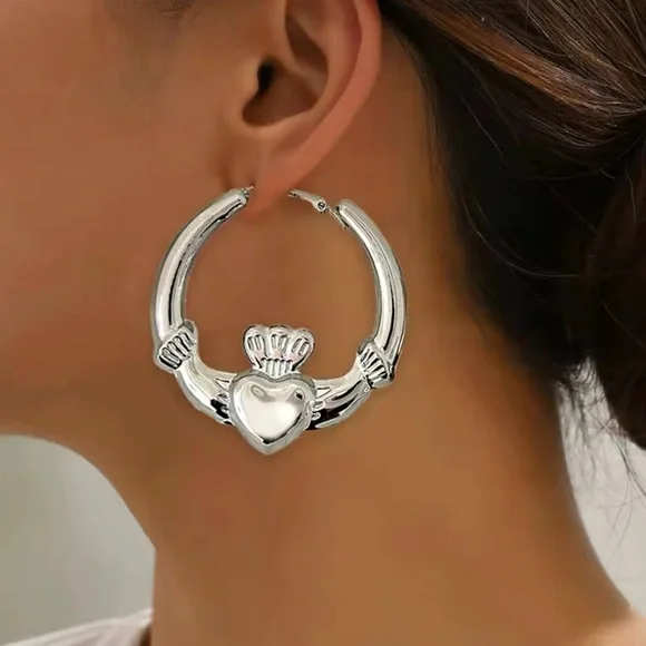 Big chunky claddagh hoop earrings Irish For Love Loyalty & Friendship - Picture 2 of 4